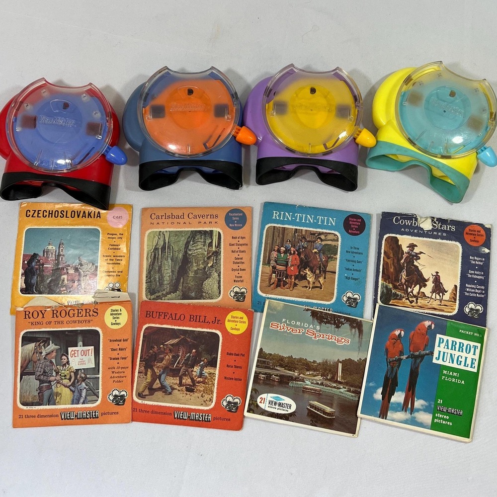 Four View-Master Viewers and Reels - Fisher Price Eight Reel Packs (3471)